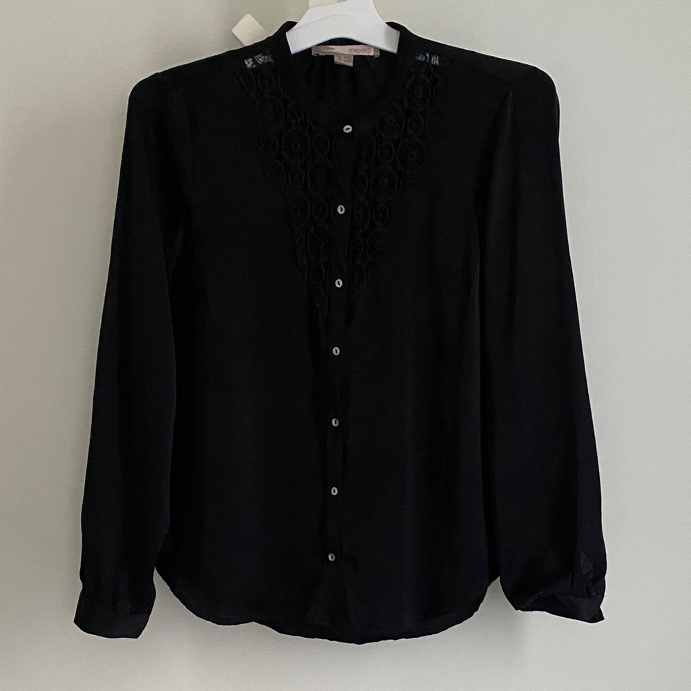 3/$25 F21 Black Lace-Trim Button-Front Women's Blouse